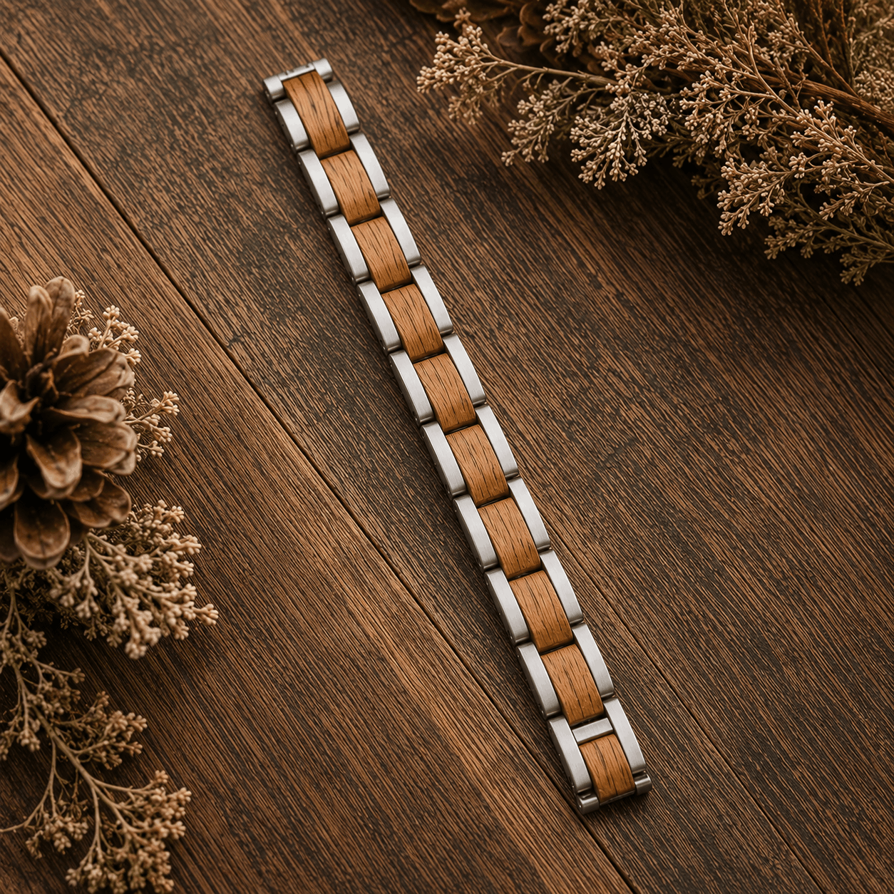 Bracelet en bois de koa clair et acier inoxydable à mailles
