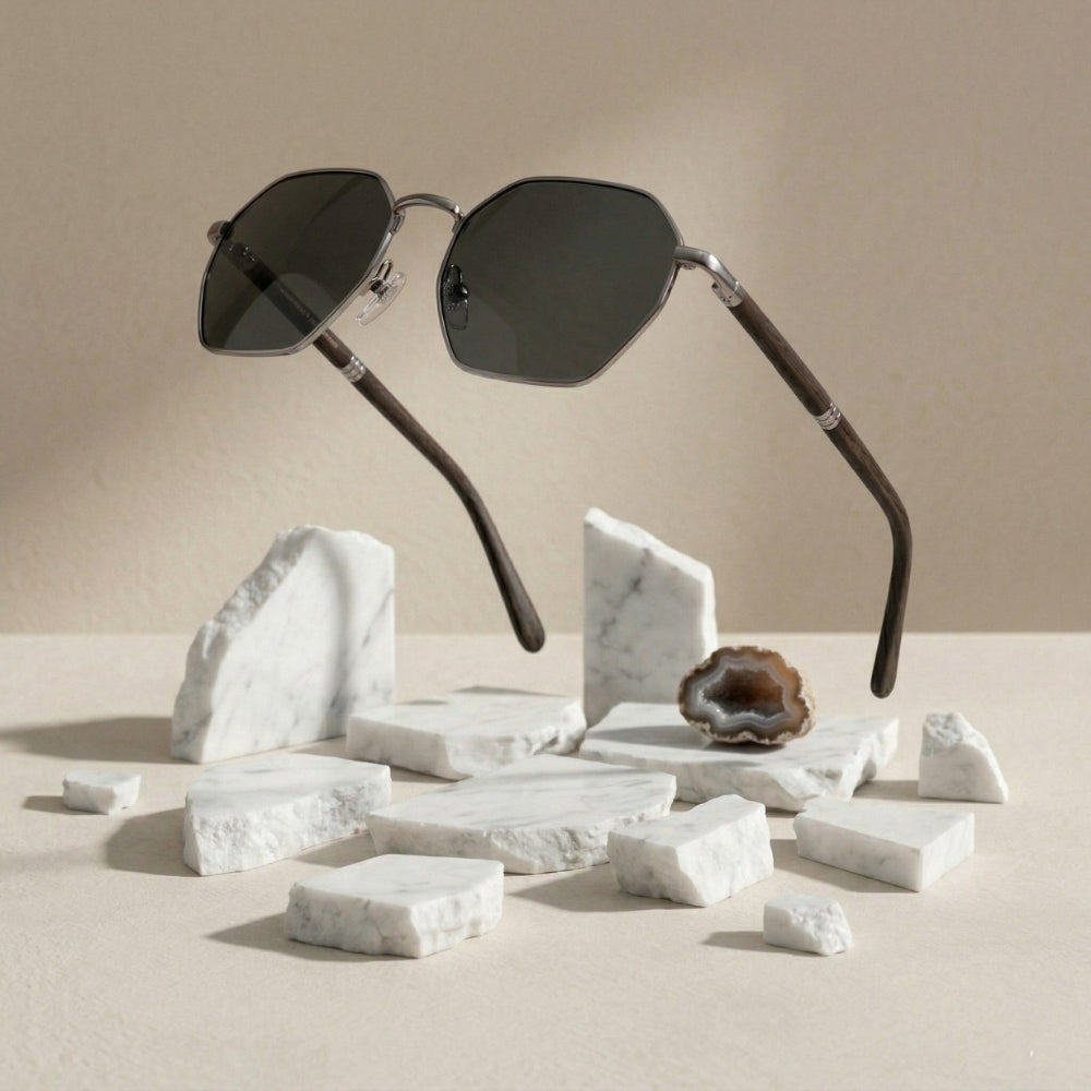 lunettes hexagonales en bois et acier