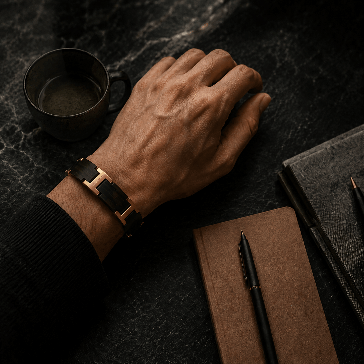 Bracelet pour homme bois noir et acier doré