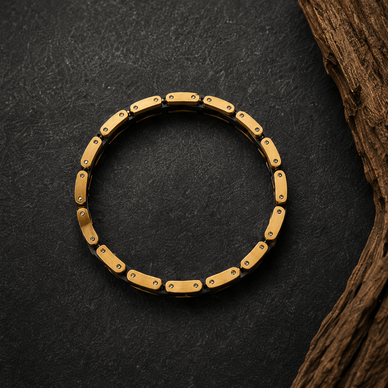 Bracelet en bois d'ébène et acier inoxydable doré
